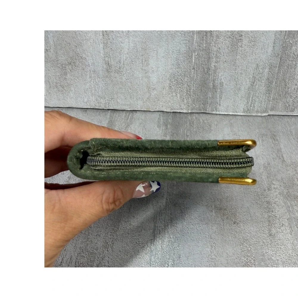 English Leather Green Suede Zip Around Card Holder Wallet Gold Corners Vintage